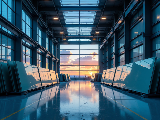 现代化工业厂房外观，钢结构框架结构，大面积玻璃窗采光，周围道路宽敞