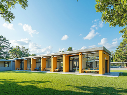 现代化学校教学楼外观，红砖外墙设计，窗户整齐排列，校园环境优美，绿树成荫